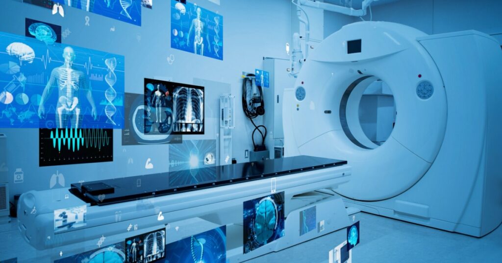 Modern hospital and communication network concept. Medical technology. MedTech.