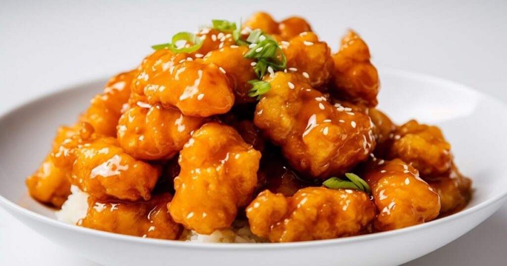 Close up shot of sesame orange chicken on a plate