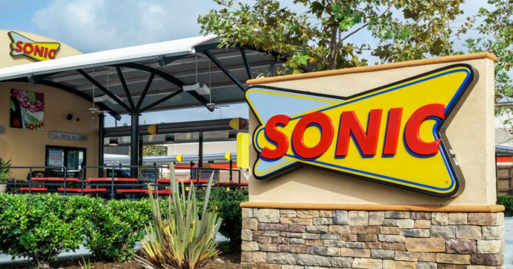 COSTA MESA, CA/USA - OCTOBER 17, 2015: Sonic Drive-In Restaurant exterior. Sonic Corp. is an American drive-in fast-food restaurant chain.