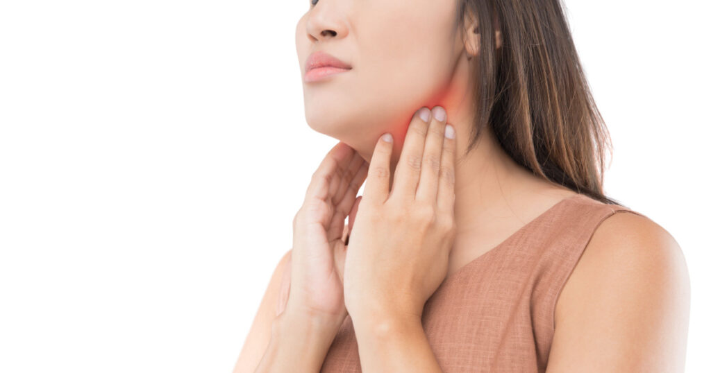 Sore throat of a women. isolated on white background.