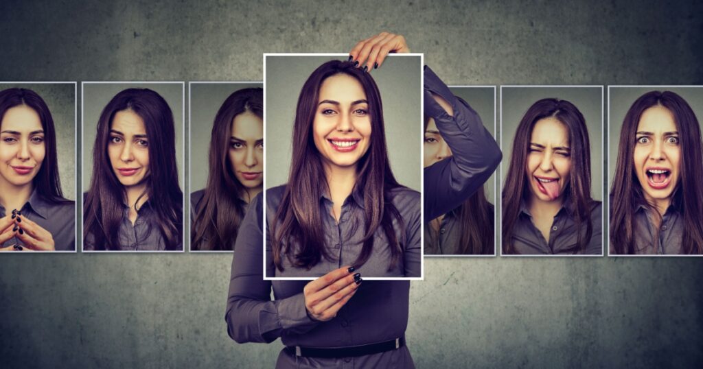 Masked woman expressing different emotions