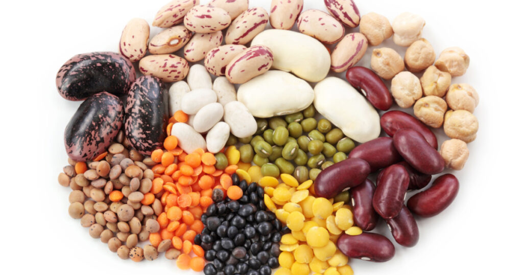 Group of beans and lentils isolated on white background