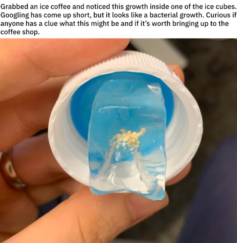 Hand holding a lid with ice cube attached.