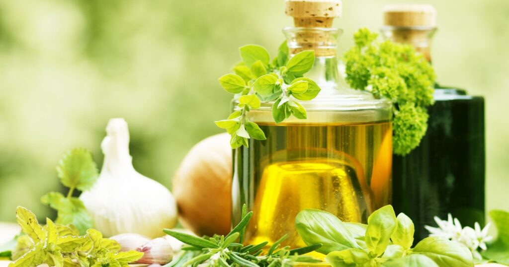herbs with oil and vinegar, copy space