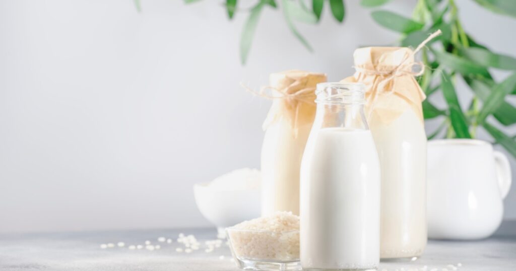 Rice milk in bottles, closeup, gray background. Non dairy alternative milk. Healthy vegetarian food and drink