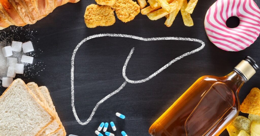 Unhealthy lifestyle and habits - risk of liver damage. Top view