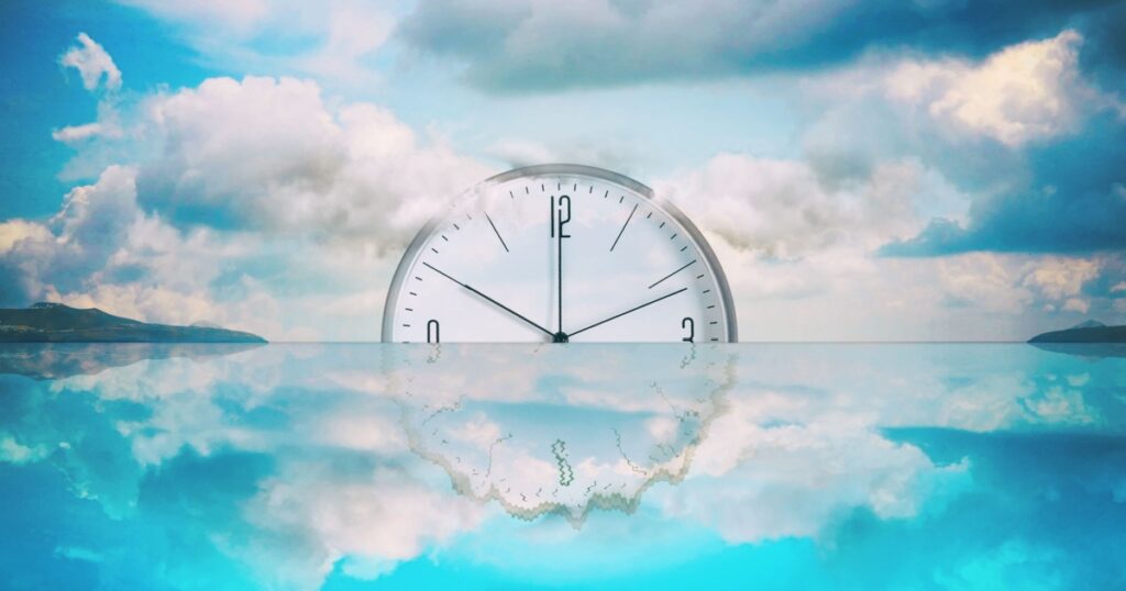Clock that goes into the water. Cloudy sky. Reflection. Time limit concept. Business. Lifestyle. Background.