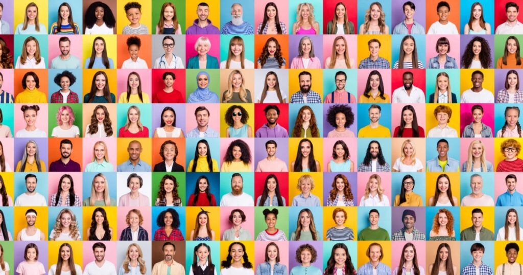 Collage of large group of smiling people composite portrait image gathered together reaching out each other 4g 5g connection contacting multiracial society