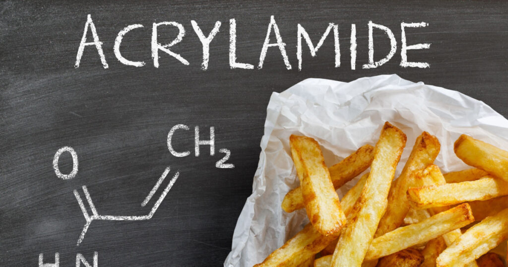 Acrylamide in food. Potato fries and chemical formula of acrylamide.