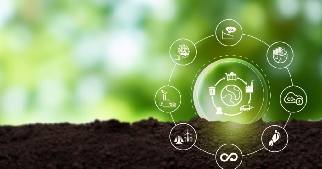 Business value chain and sustainability. LCA, Life cycle assessment . Positive environmental impact to value chain product. Carbon footprint reduction. ISO LCA standard aims to limit climate change.