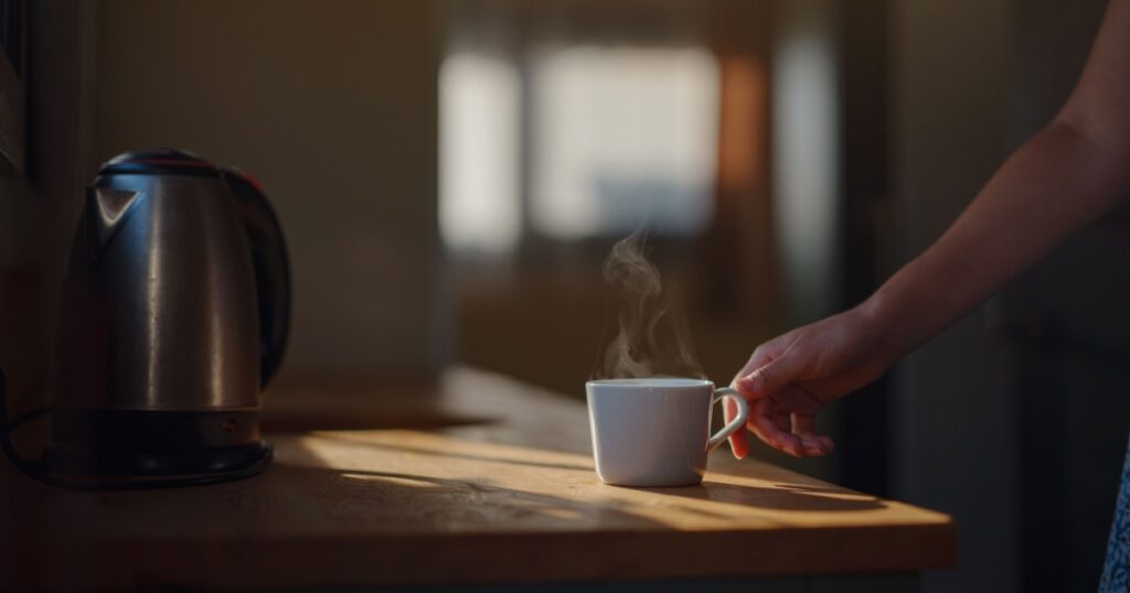 Woman is drinking coffee , morning routine. Tiny house. First property. Small apartment interior design. Minimalism. Moving in. Living alone. Charming trailer house with the morning sun