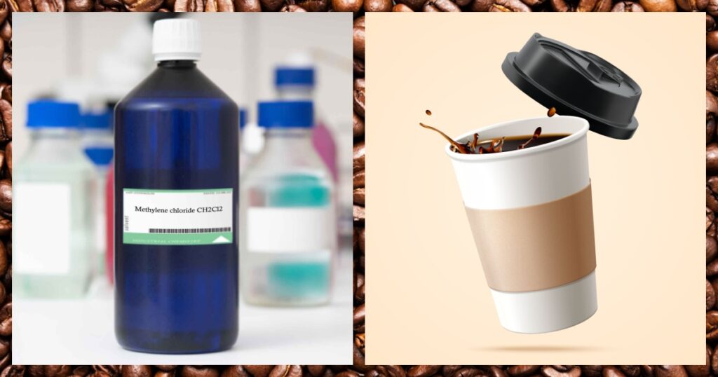 Methylene Chloride and disposable cup of coffee. Coffee beans in background 