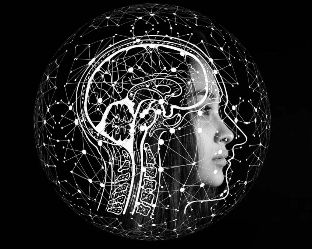 Black and white animation of a brain and neurons.