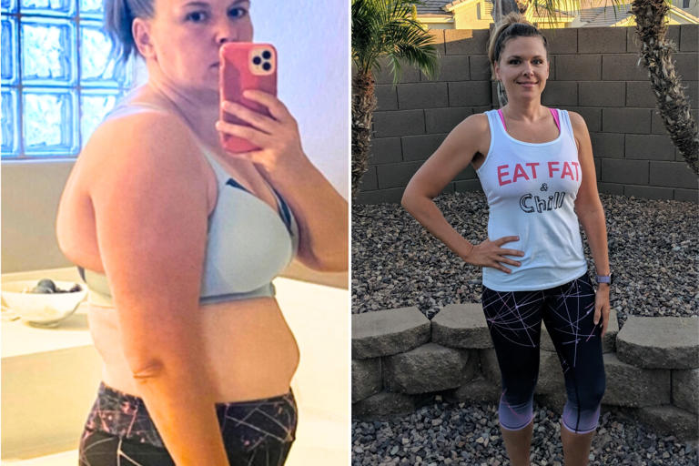 Nissa Graun pictured before (L) and after (R) losing 100 pounds.