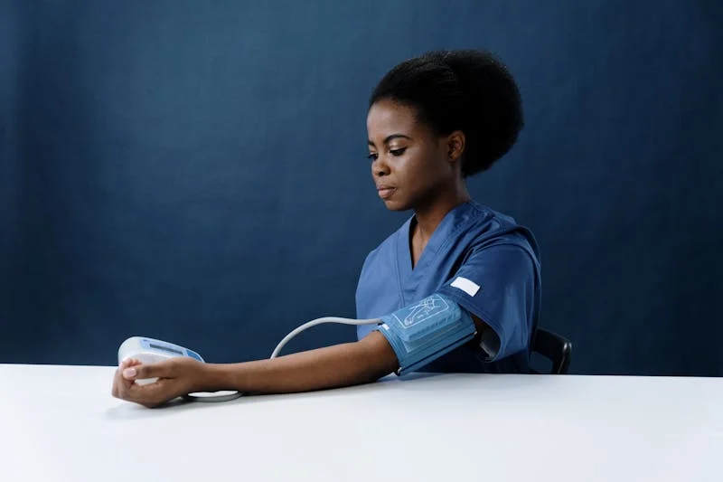a woman checking her heart and blood pressure