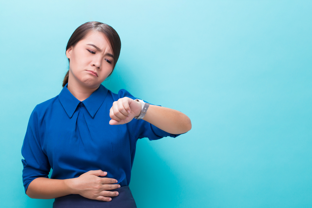 Hungry woman on isolated background