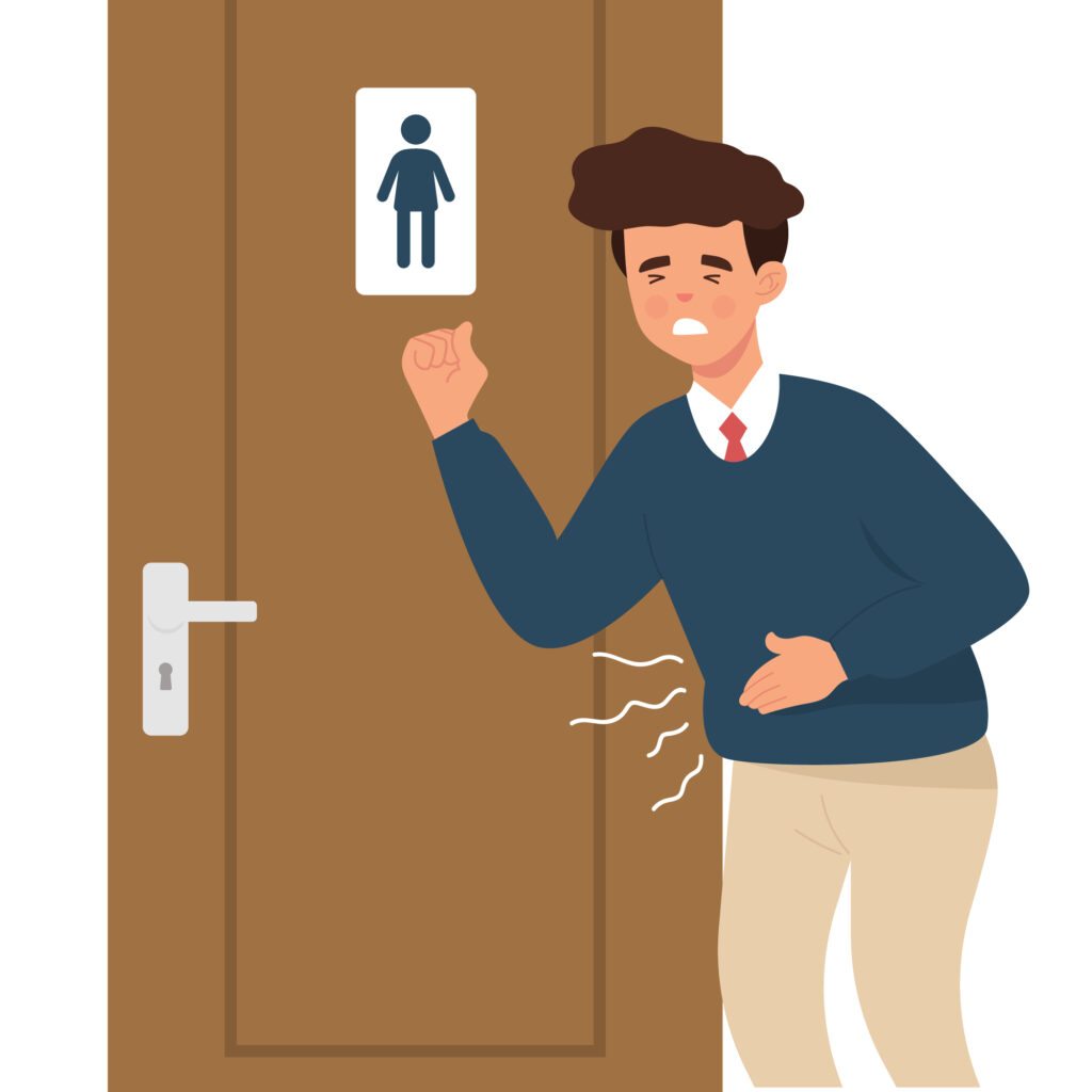 young man is having a stomach ache because he wants to go to the toilet immediately, a businessman has diarrhea and goes to the toilet as soon as possible
