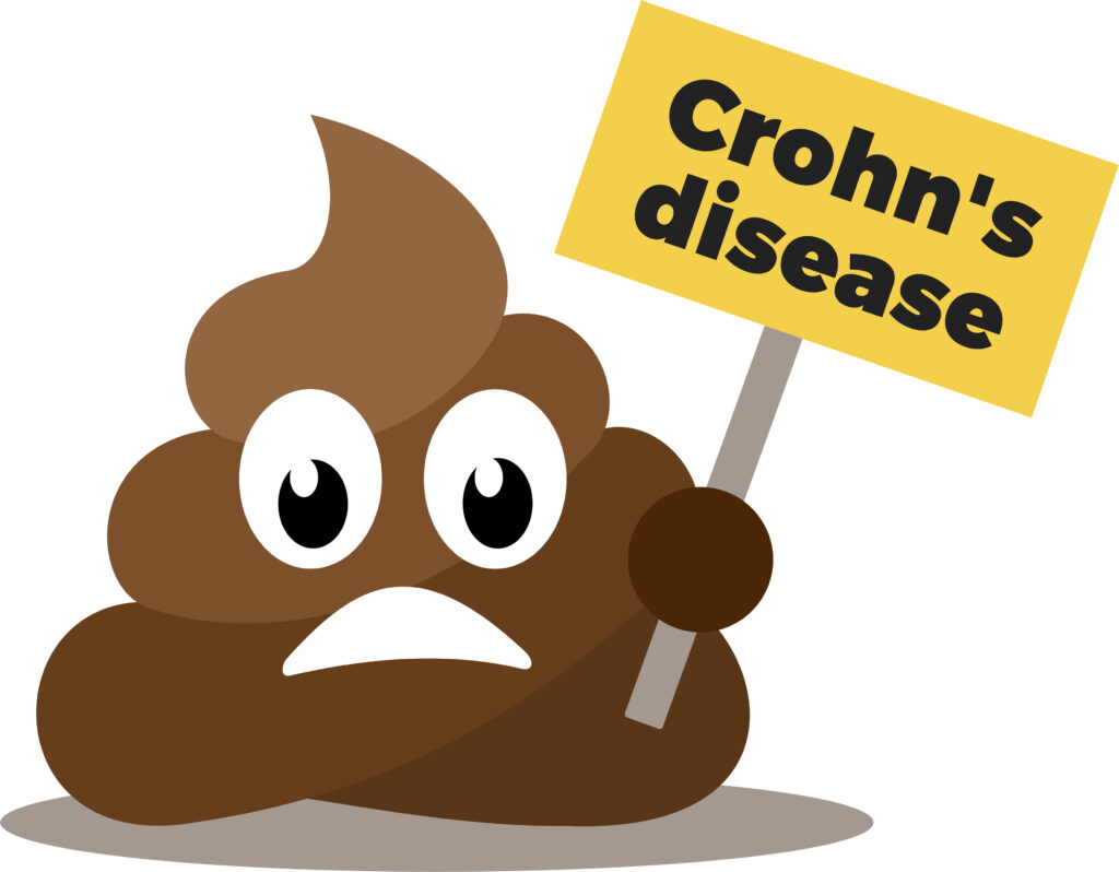 Crohn's disease - sad ill excrement is holding banner of medical diagnosis of illness. Vector illustration