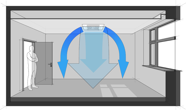 Diagram of a room cooled with air conditioner built in a suspended ceiling (another room diagram from the collection, all with the same point of view, easy to combine)