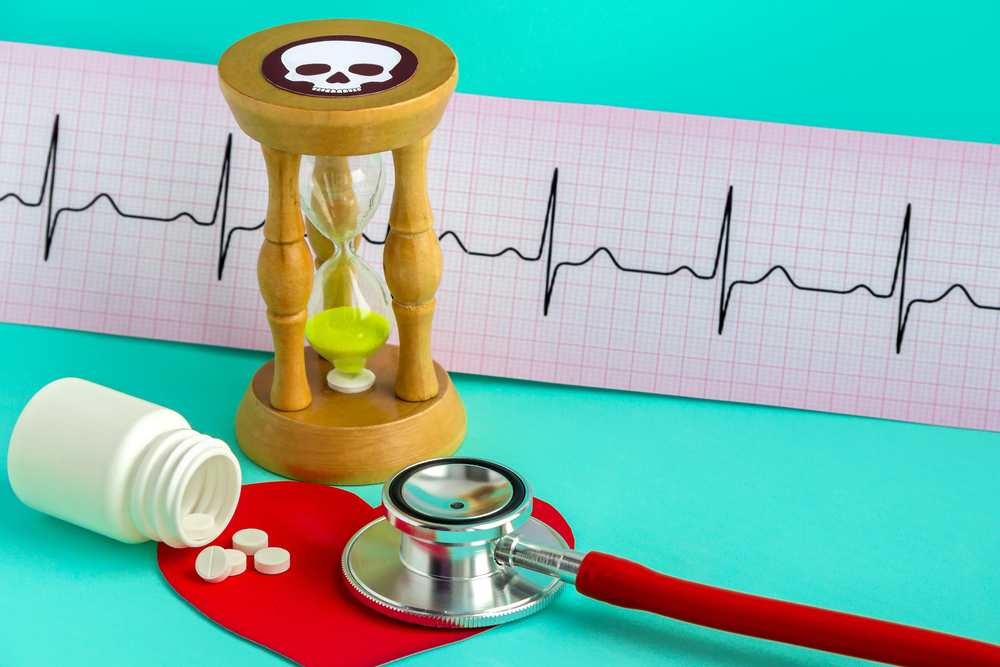 Medical stethoscope, drugs for normal heart work, sandglass with a symbol of death on a blue background.Leaving about cardiology, health, protection, prevention.
