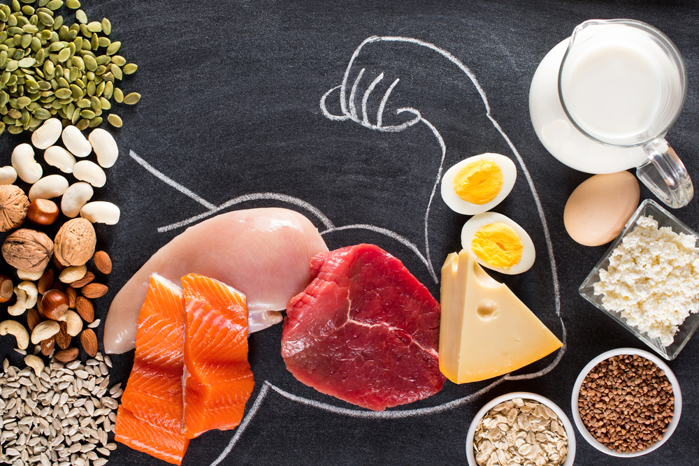 High protein food for body builders as meat, fish, dairy, eggs, buckwheat, oatmeal, nuts, bean, pumpkin seed and sunflower seed. Top view.
