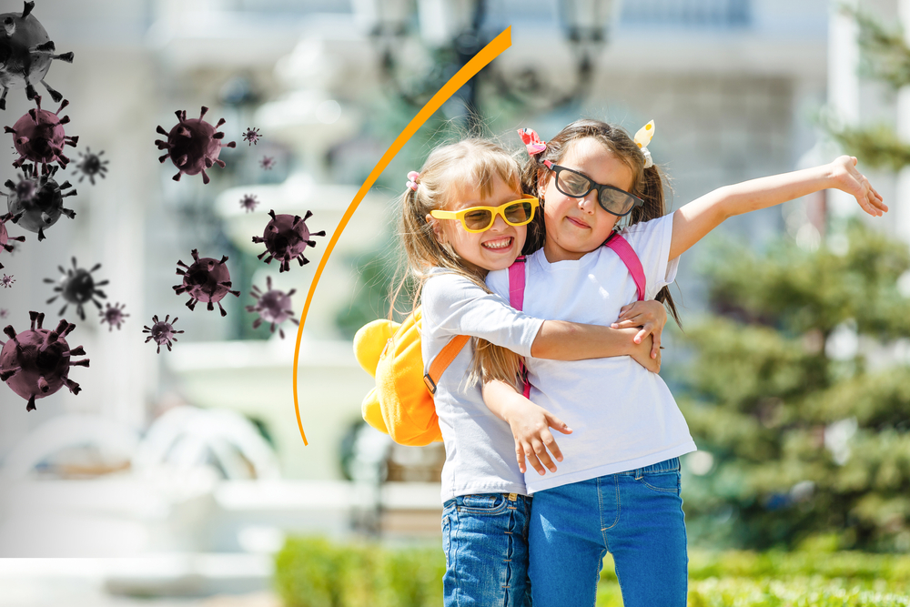 Strong immunity as shield protecting children virus, illustration