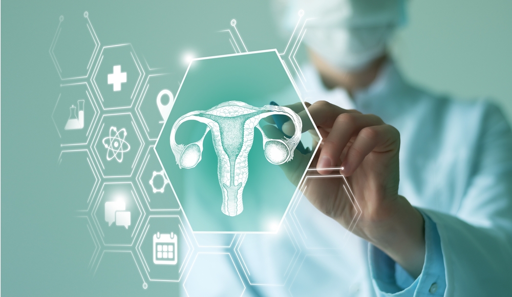 Telemedicine and human Uterus recovery concept. Turquoise color palette, copy space for text.