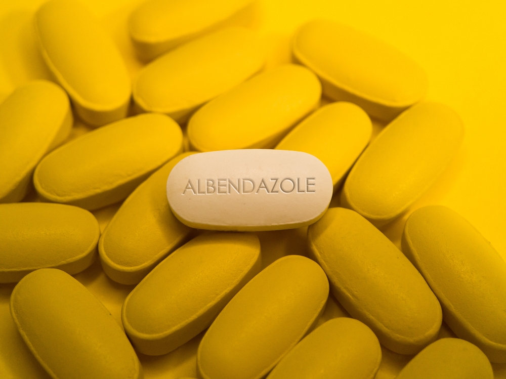 Albendazole also known as albendazolum white tablet pill of medication used to treat parasitic worm infestations such as giadiasis, trichuriasis, filariasis, neurocysticercosis and pinworm disease