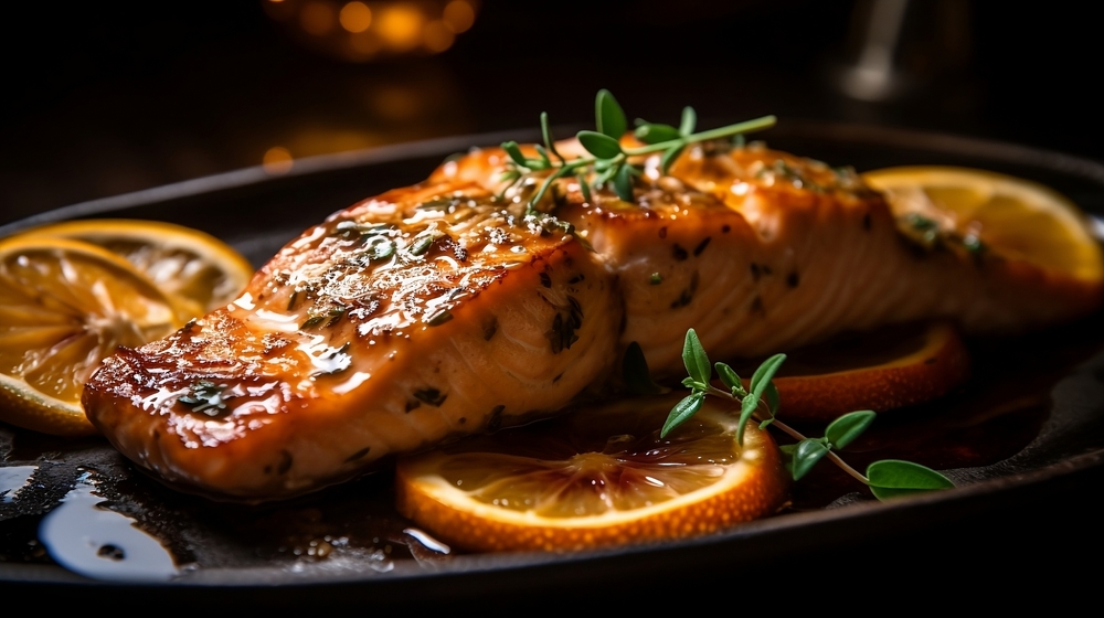 Grilled baked roasted cooked fresh fish Salmon on the plate, very delisious, juicy, macro, close-up, healthy food with omega 3. tasty dish for dinner