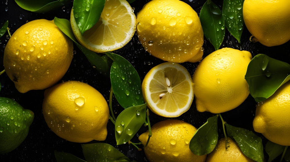 Overhead Shot of Lemons with visible Water Drops. Close up.

