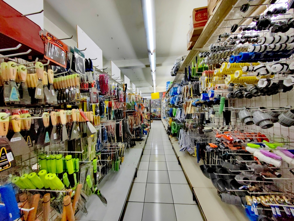Display of building goods hanging neatly arranged in a materials shop. Bandung 03 November 2023.