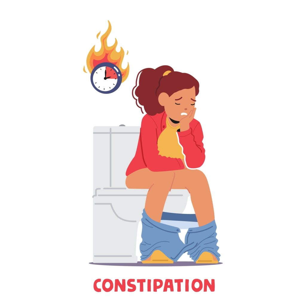 Child Girl Character Sits On The Toilet, Grimacing In Discomfort, Struggling With Constipation, Seeking Relief And Patiently Waiting For Relief. Cartoon People Vector Illustration