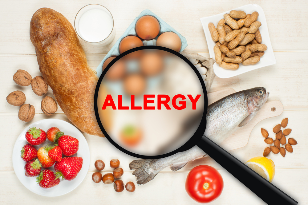 Allergy food concept. Food on wooden table
