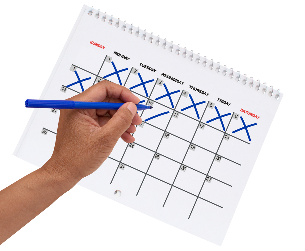 Left Hand Cross Out Dates (One to Ten) on Generic Calendar isolated on white background