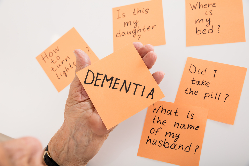 Close-up Of Person's Hand Holding Dementia Sticky Note At Home
