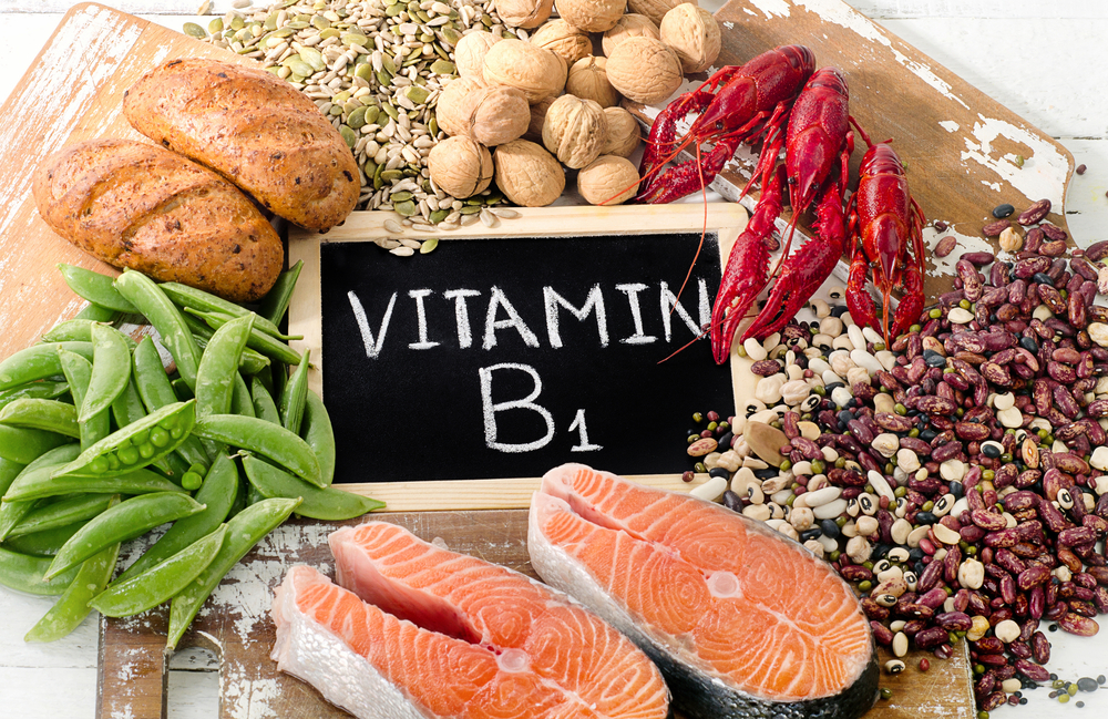 Foods Highest in Vitamin B1 (Thiamin). Healthy diet eating. Top view