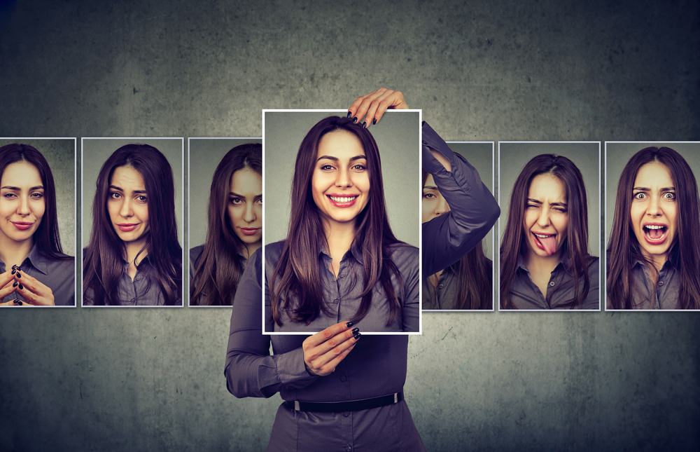 Masked woman expressing different emotions 