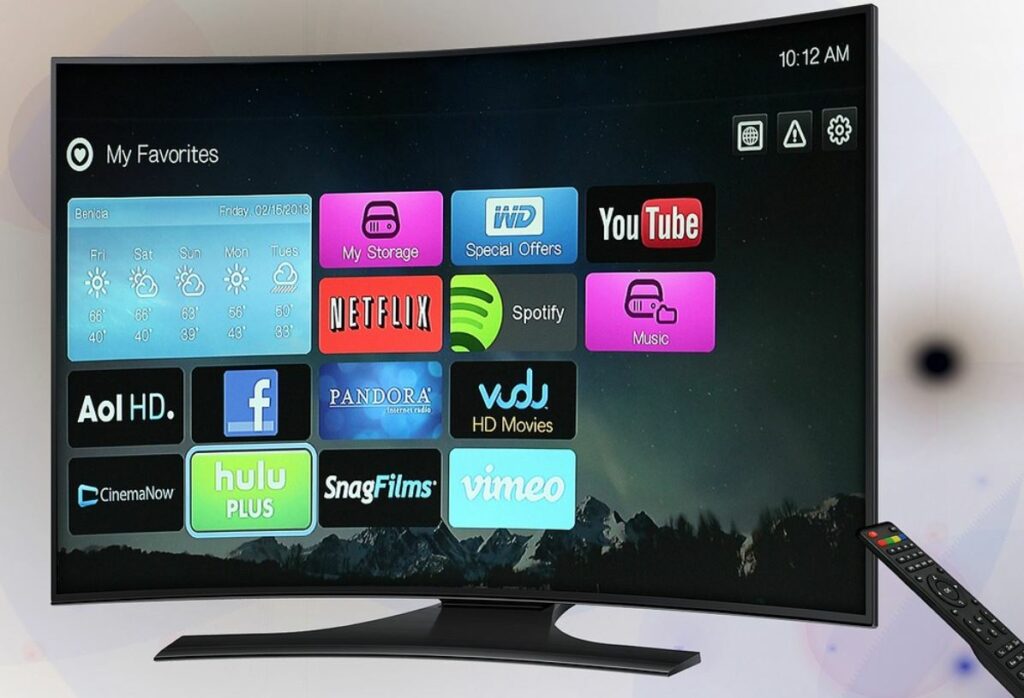 Smart TV with apps and a remote control. White background. 