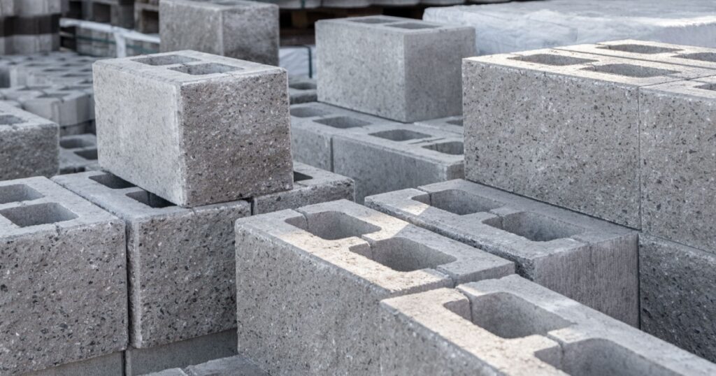 Pallet of Concrete Cinder Blocks, Grey Uniformed brick Shapes building material. New for use on construction site in europe
