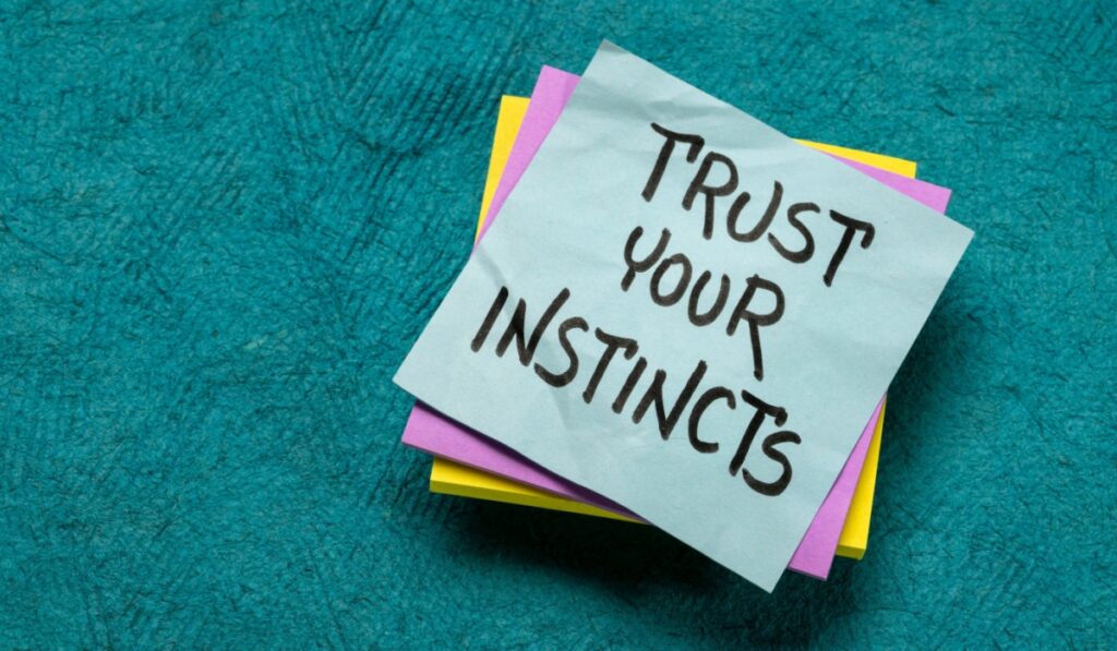 trust your instincts - advice or motivational reminder on a sticky note, confidence and personal development concept