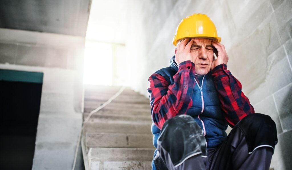 Older worker feeling strong headache. Stroke symptoms. Migraine as severe headache with throbbing pain.