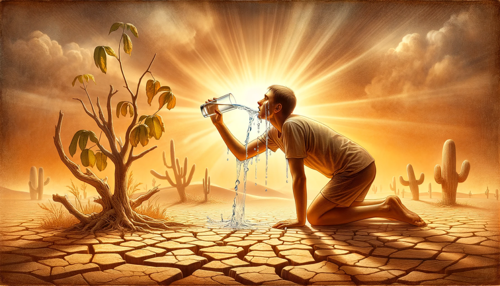 man in desert with water