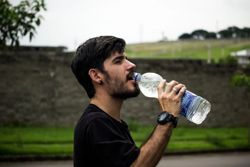 man drinking from water bottle