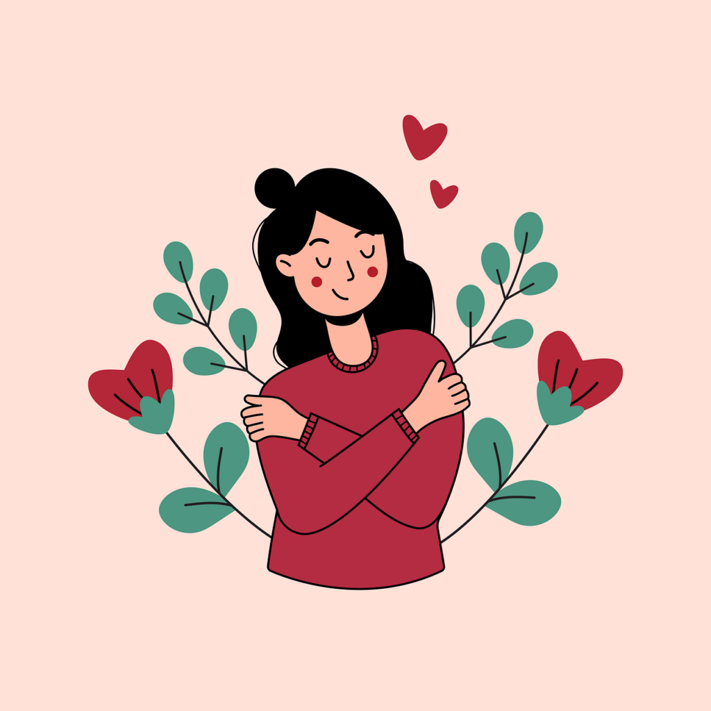 cartoon woman hugging herself
