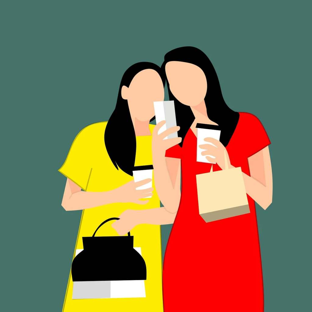 cartoon women taking a picture together