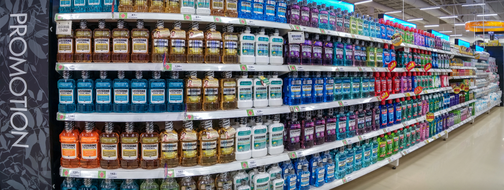 BANGKOK, THAILAND - MARCH 03: Various brands and flavors of mouth washes fully stocked on the shelves of BigC Extra Petchkasem superstore in Bangkok on March 03, 2018.