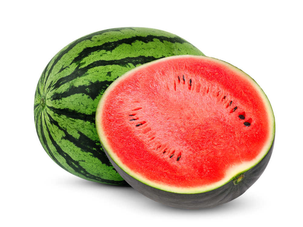 whole and half watermelon isolated on white background