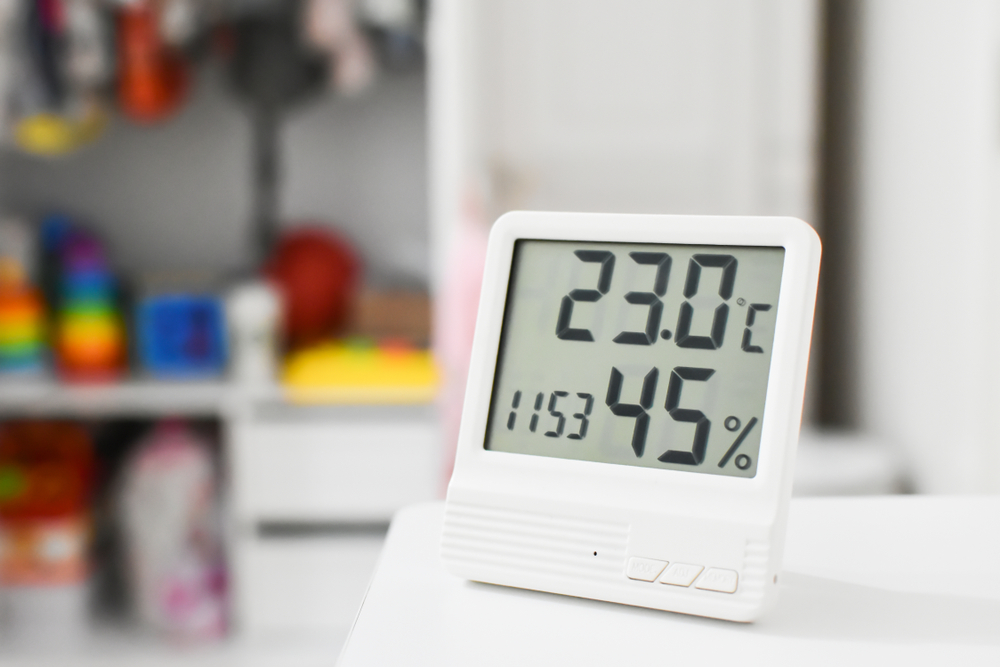 Digital clock, thermometer and hygrometer for nursery or children room.
