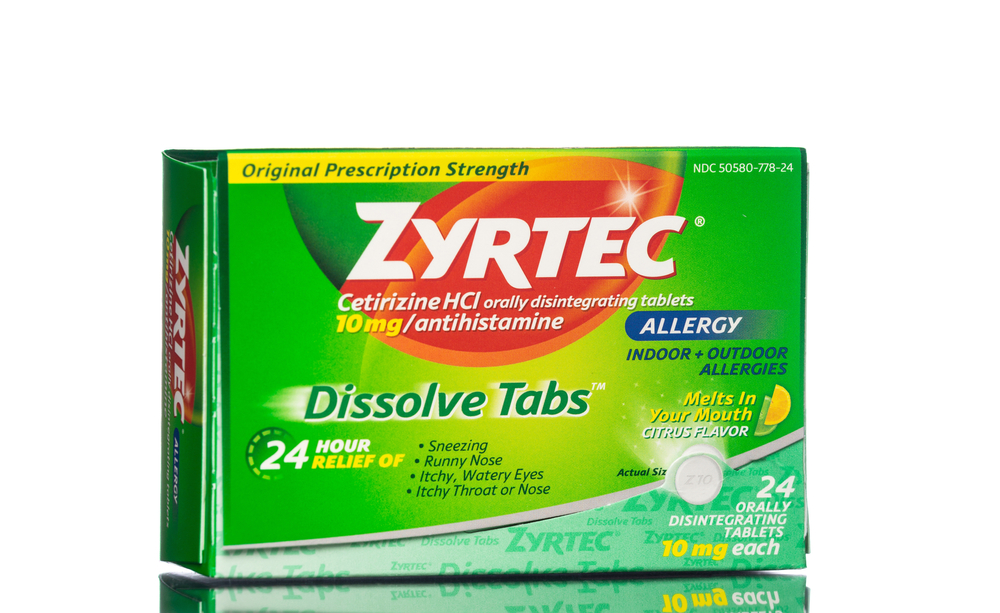 Chicago, USA - August 4, 2020: Box of Zyrtec Allergy dissolve tabs 24 hour relief.
