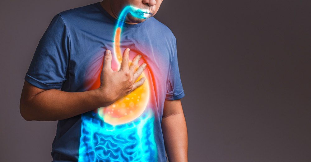 The photo of large intestine is on the man's body against gray background, People With Stomach ache problem concept, Male anatomy